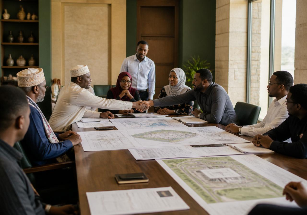 Somali entrepreneurs collaborating around a meeting table with master plans and contracts