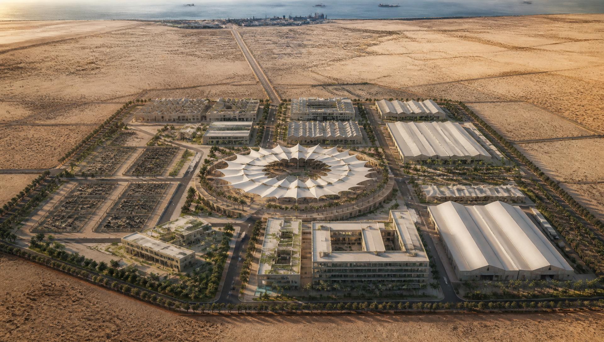 Aerial architectural rendering of the Suuq Al-Madina master plan